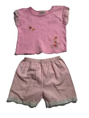 Mon Petit Girls 18M Pink Floral Embroidered Top & Seersucker Shorts Set